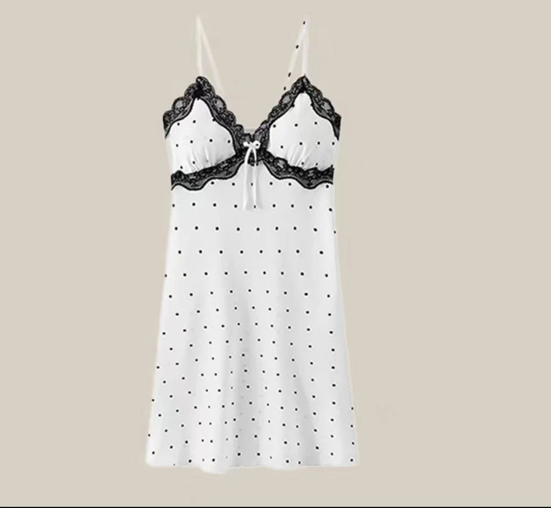 【言言分享斯斯】夏日法式白色波点蕾丝女士吊带睡裙