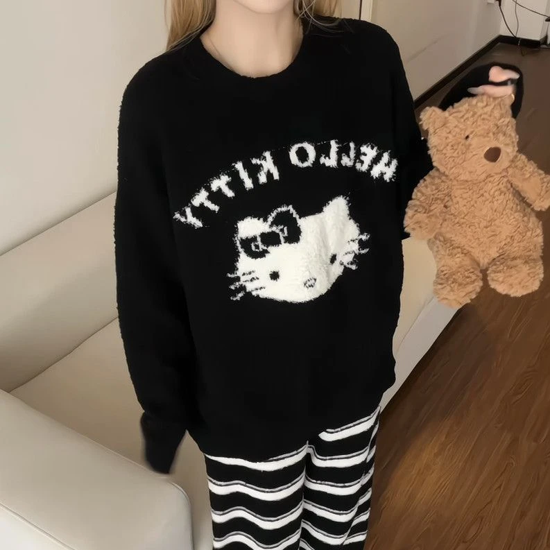 甜美卡通可爱Kitty半边绒睡衣女秋冬新款加厚亲肤保暖家居服套装