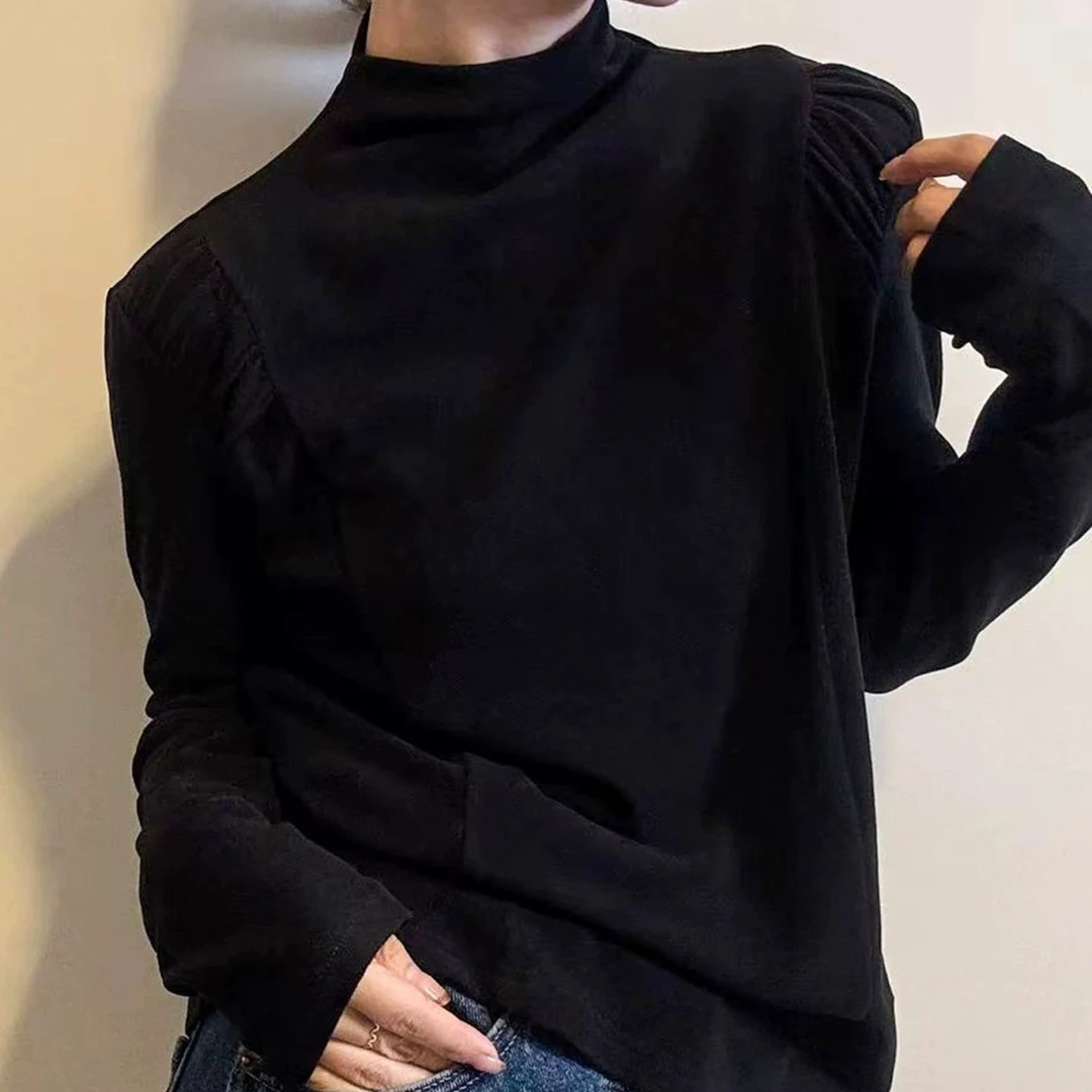 97冬季时尚半高领褶皱设计感上衣