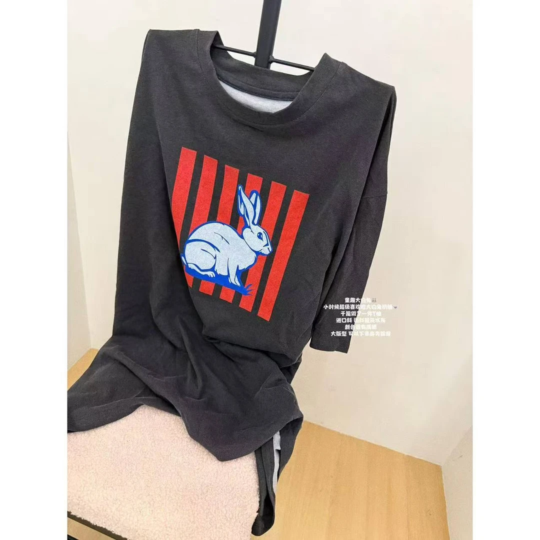 【TOMATO】夏季新款童趣大白兔做旧洗水韩系大版T恤#1185