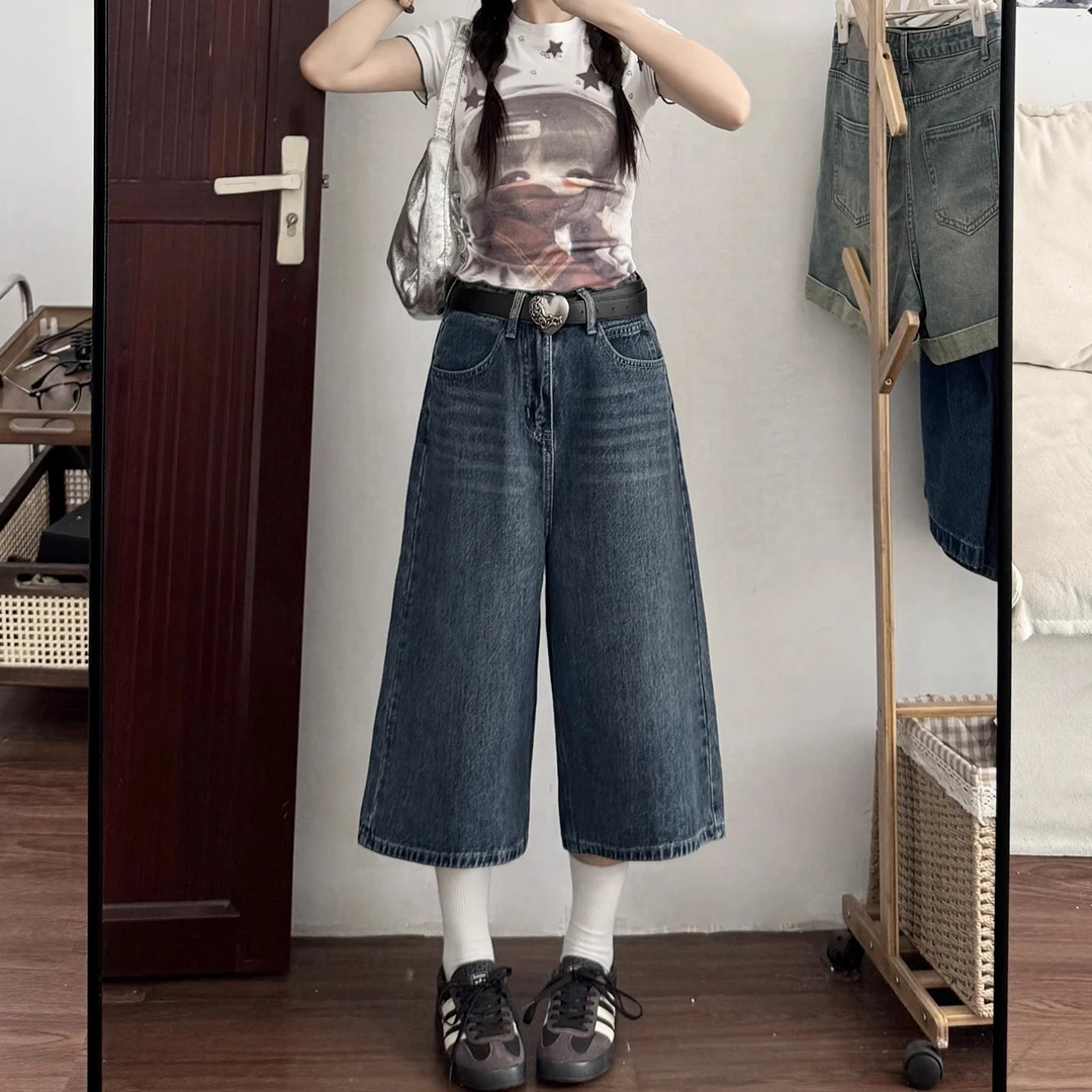 雪千羽复古阔腿牛仔七分裤女夏季新款胖mm宽松显瘦梨形身材直筒裤