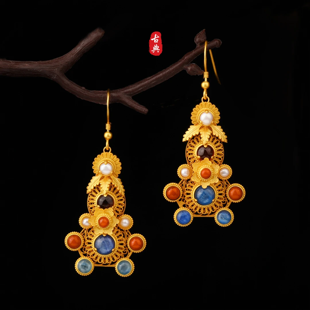 925银耳饰 S925银 累丝宫廷复古古风汉服耳饰 复原明代宝塔耳环