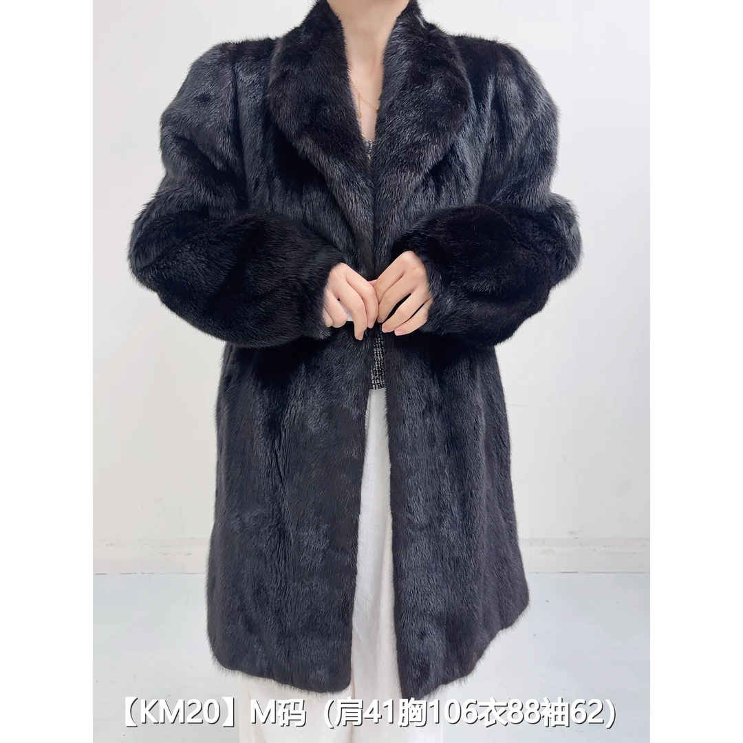 【KM20】M 红黑色中长款全抽貂皮水貂外套女 翻领泡泡袖 36020
