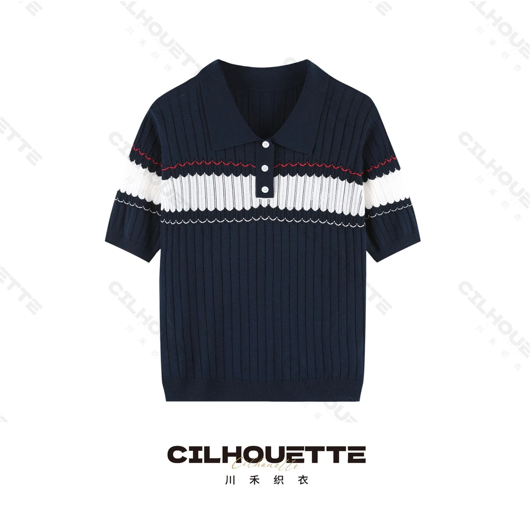 川禾织衣 夏季翻领坑条气质天丝桑蚕丝短袖显瘦针织T恤薄款透气