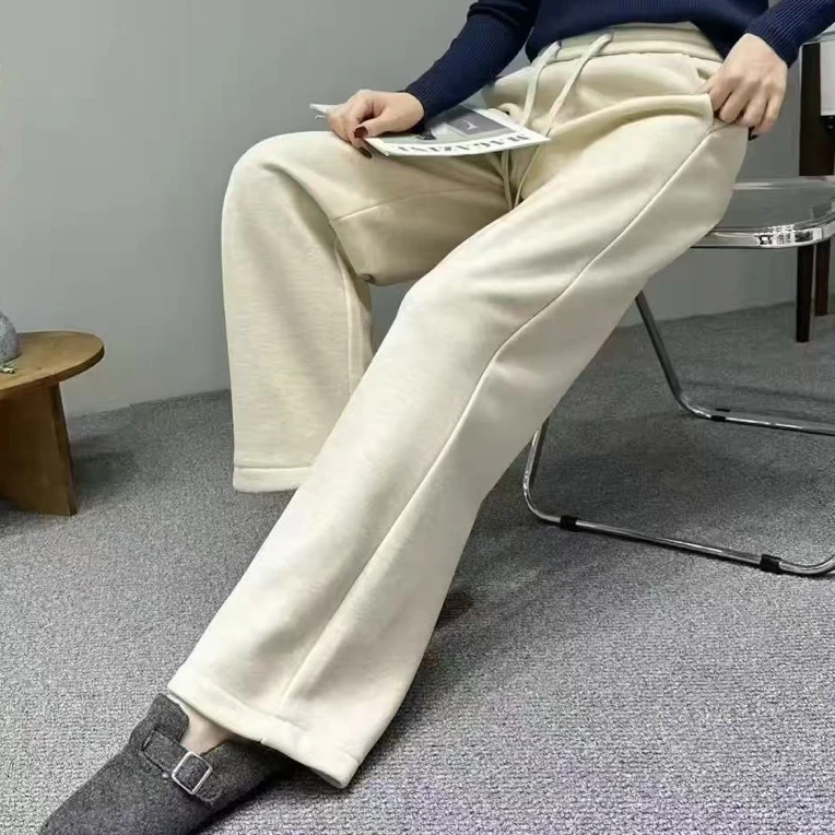 新款秋冬11955女士加绒高腰保暖显瘦宽松时尚针织直筒拖地裤