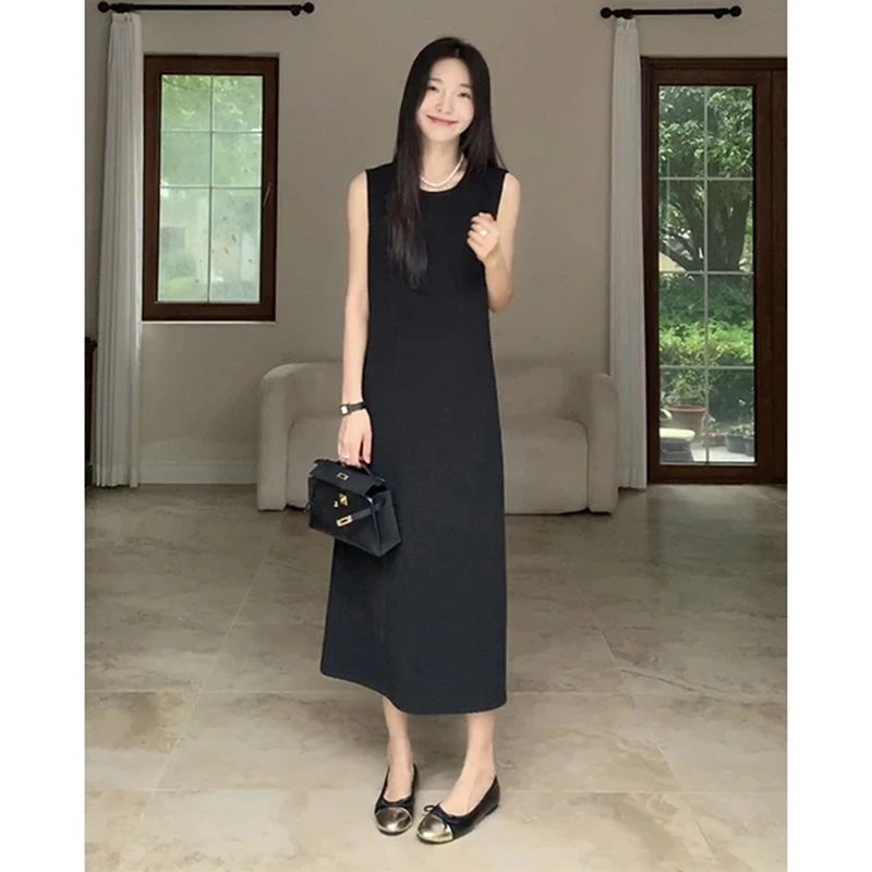 西装经典无袖小黑裙2025夏季百搭通勤宽松显瘦简约中长款连衣裙