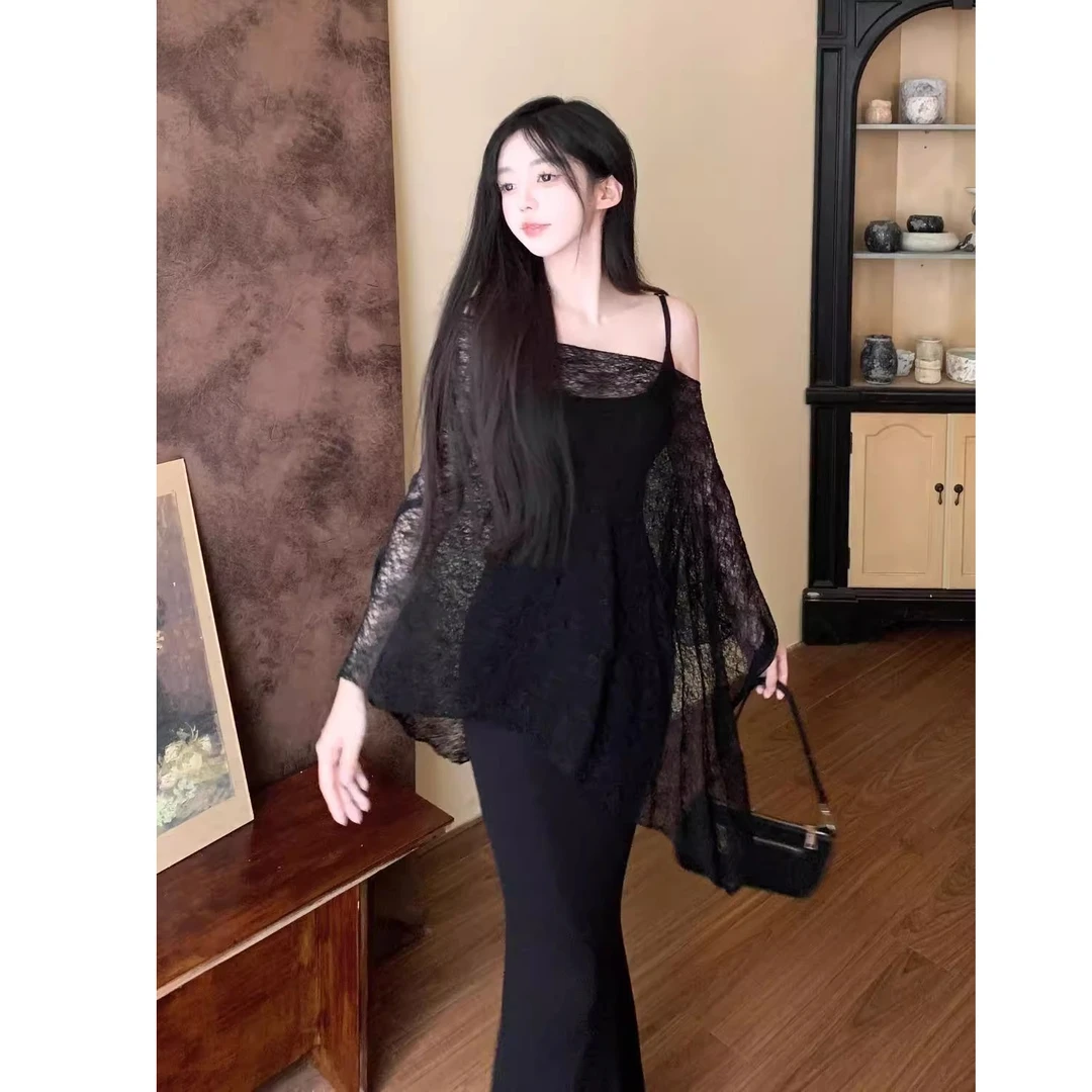 抖音款新款春夏秋季废土风防晒斗篷披肩长裙修身显瘦鱼尾吊带连衣