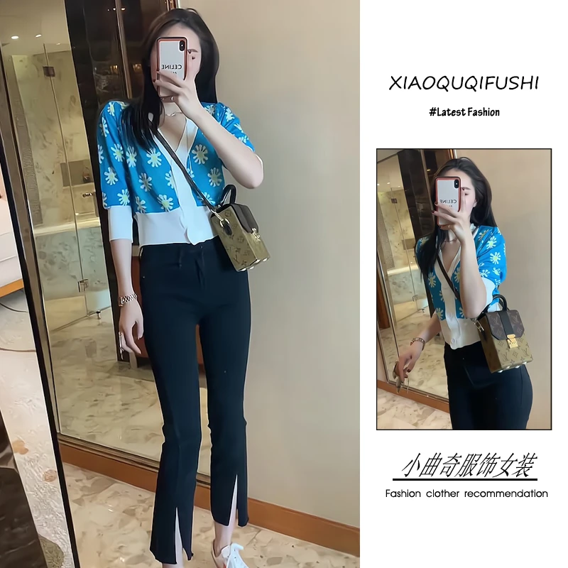 夏季2025新款一整套女韩系穿搭轻熟风气质显瘦碎花半袖针织衫裤子