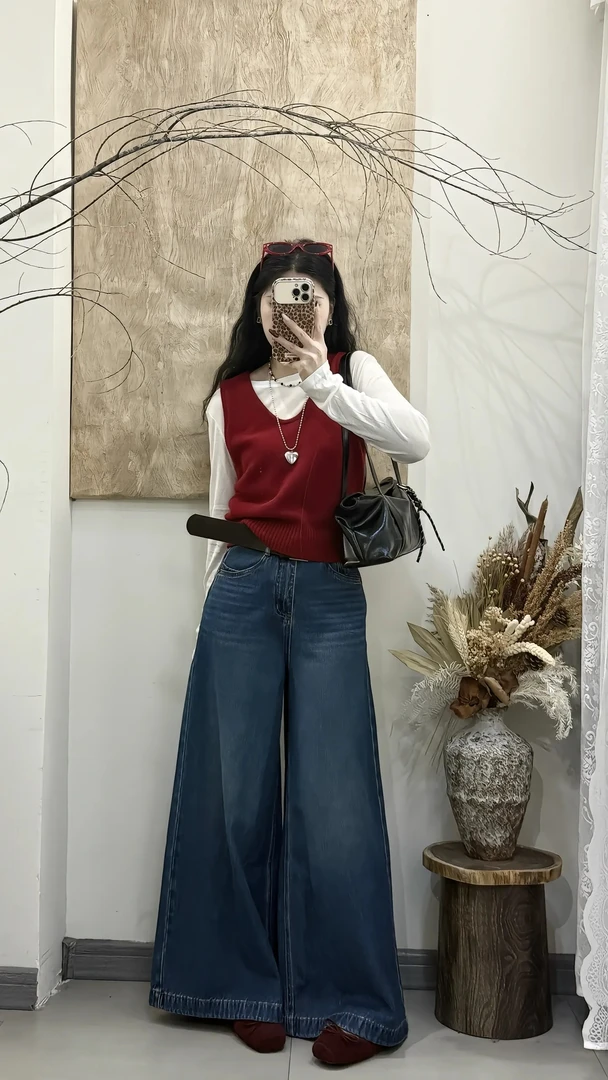 【邻家女孩】韩系气质高级感白色打底衫红色针织吊带复古高腰牛仔裤