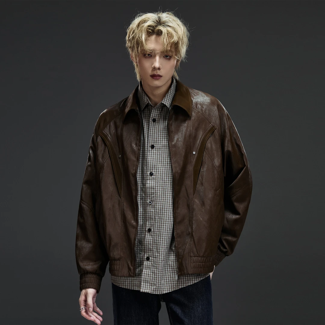 美式复古宽松翻领皮衣男痞帅秋季款通勤PU皮夹克情侣机车服外套