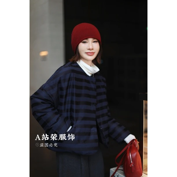【荣姐精选】休闲气质黑蓝条棉衣外套