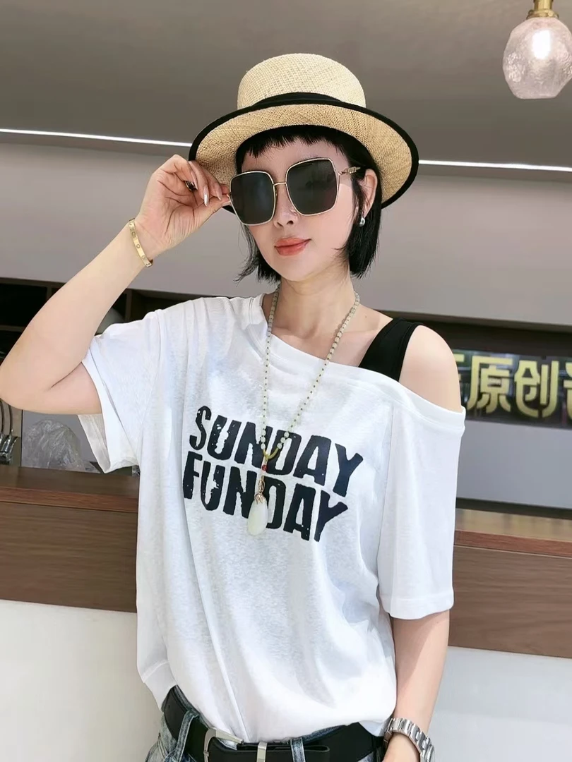 迷巧时尚新款字母休闲风短袖韩版T恤宽松圆领斜领显瘦印花百搭