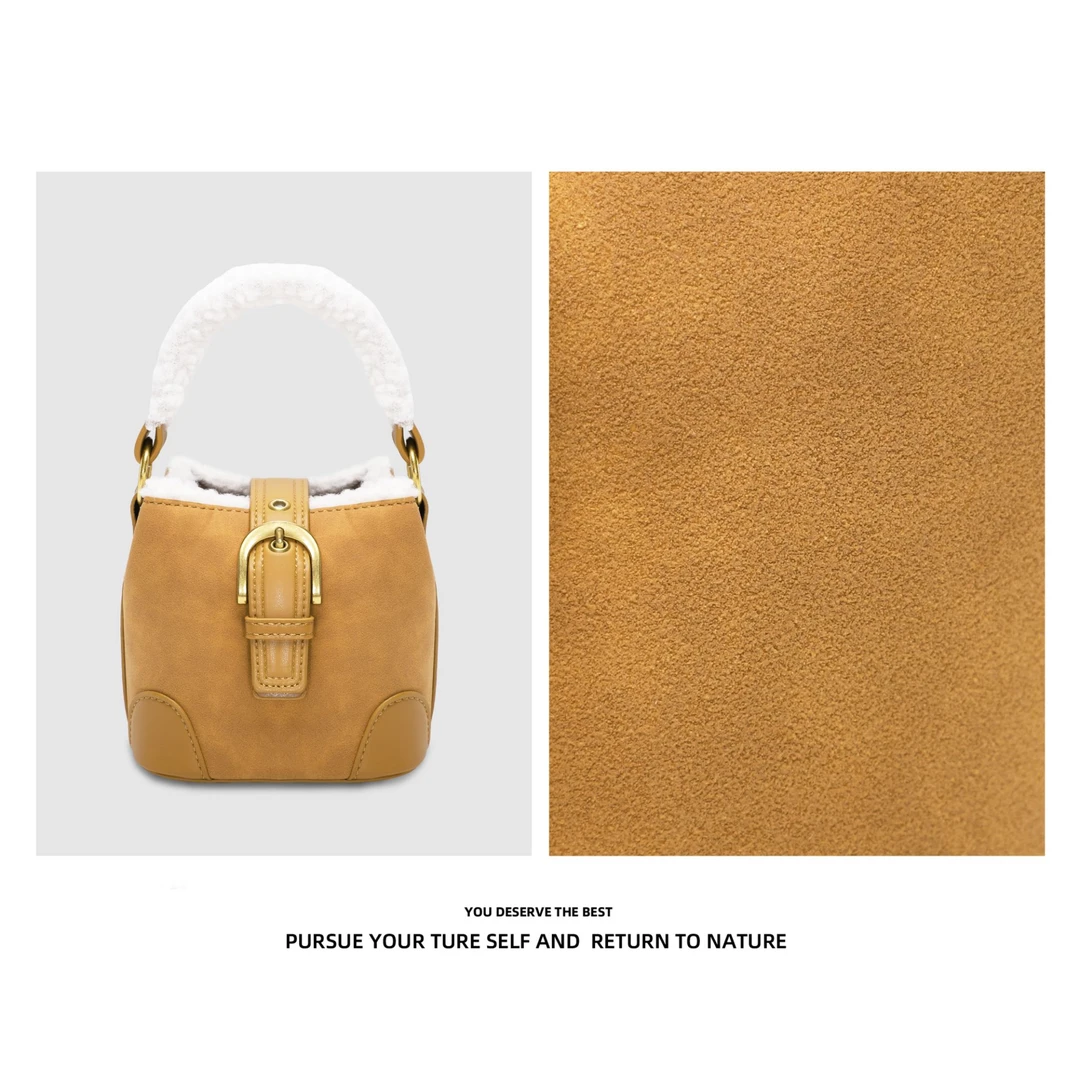 秋冬羊羔毛迷你水桶包美拉德绒面复古手提包2025新款单肩斜挎小包