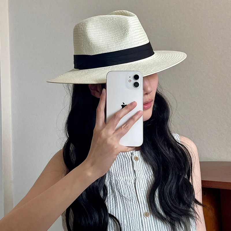 白色法式复古巴拿马草帽女夏度假防晒遮阳帽英伦高级感显脸小礼帽