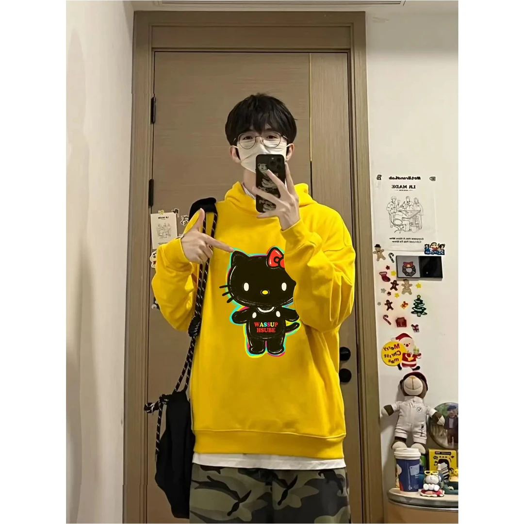 WASSUP HSUBE卡通可爱猫咪连帽宽松秋冬季男女卫衣无口袋情侣上衣