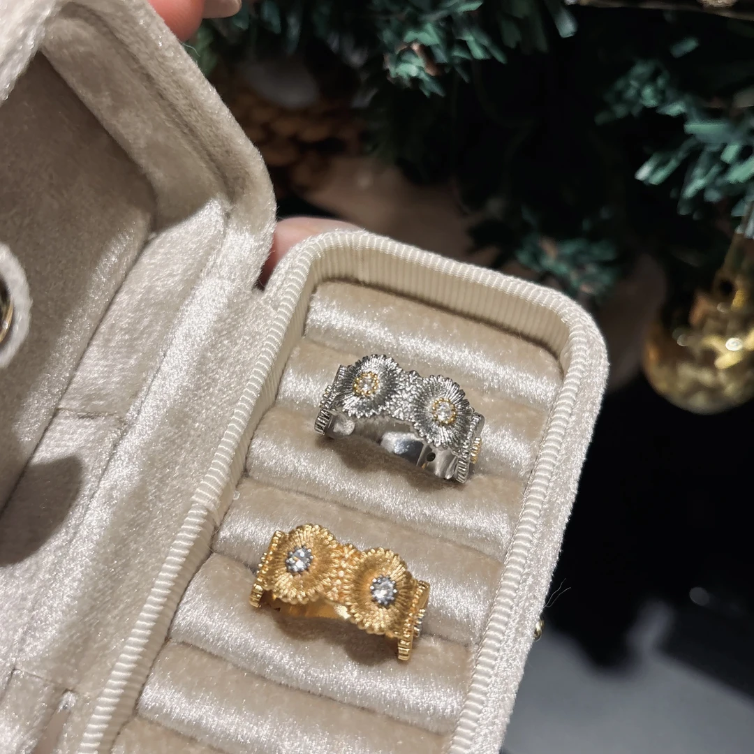 铜合金合成锆石戒指 意式拉丝小雏菊开口戒6-9码