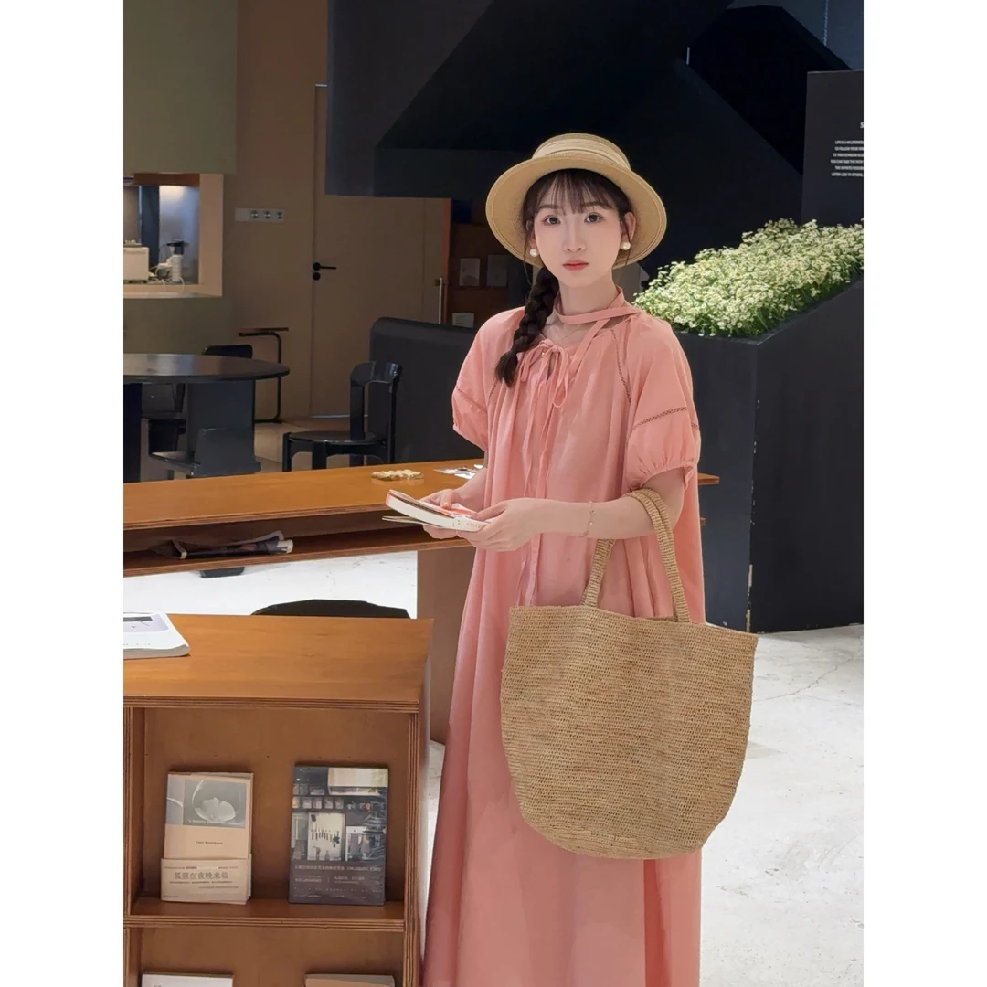 小冰涡 韩版慵懒系带拼花边连衣裙（配腰带）