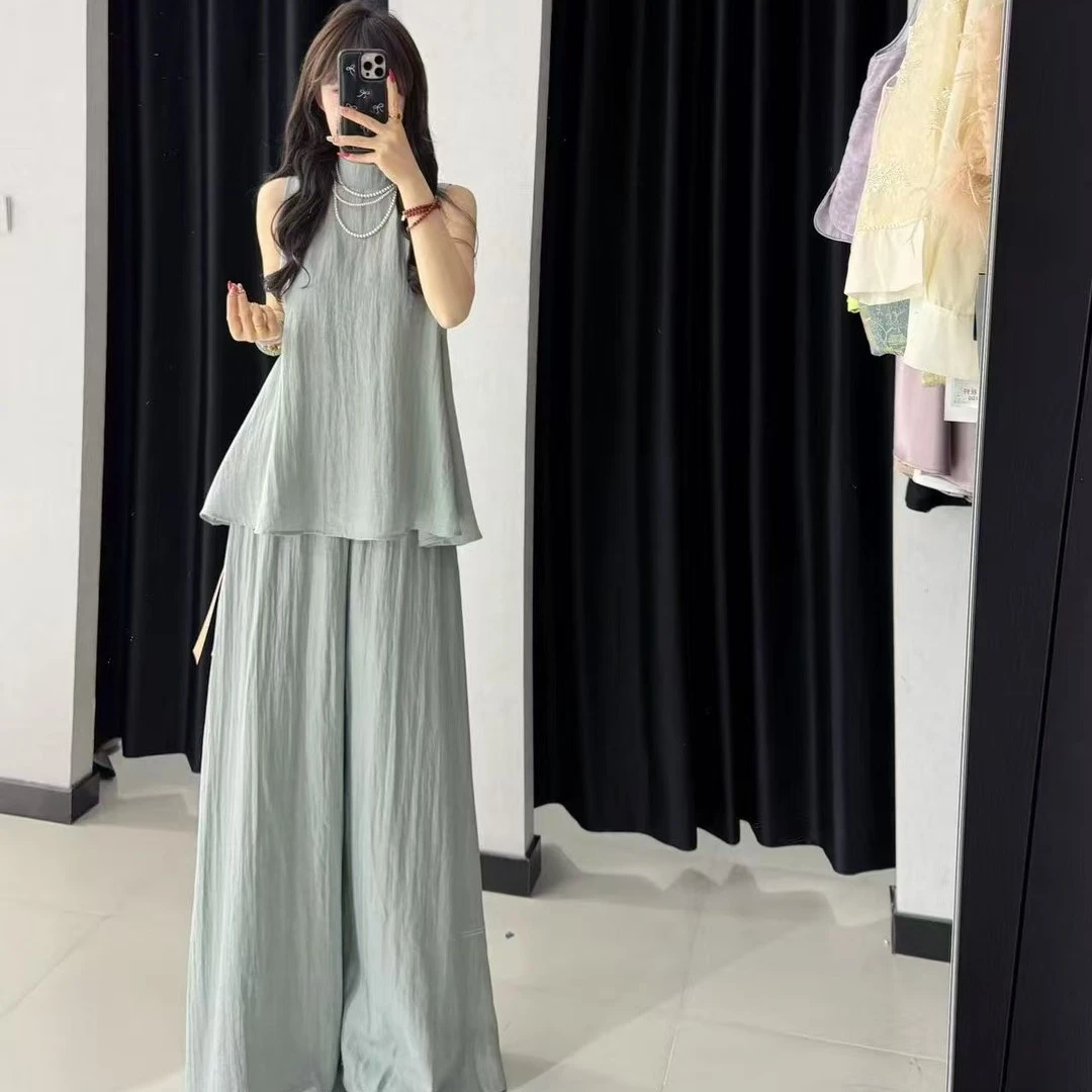 2025夏季盐系复古清冷感休闲套装女慵懒松弛感气质宽松背心阔腿裤