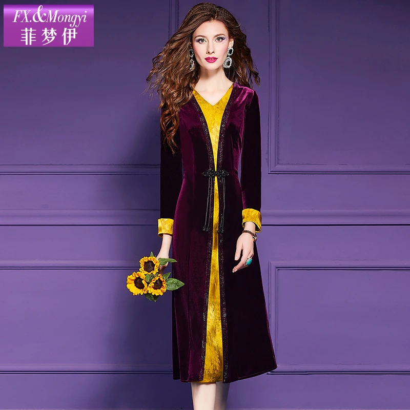 菲梦伊金丝绒连衣裙女长袖时尚气质拼接V领修身显瘦中长裙子61676