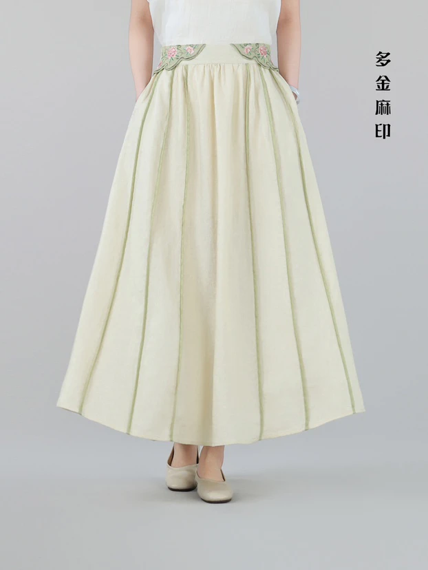 多金麻印25年国风腰部刺绣百搭100亚麻半身裙马面裙8578