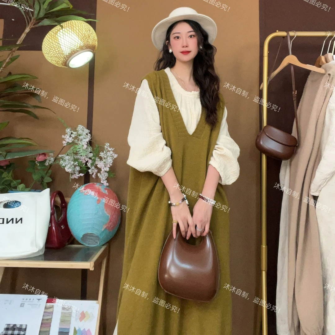 【沐沐自制】89（独立的你） V领 小众感 简约针织宽松超长背心马甲裙