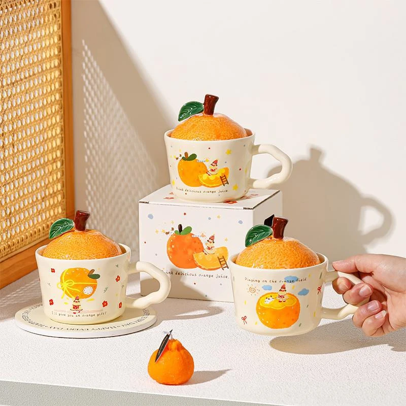 橙子餐具可爱情侣家用创意陶瓷带盖早餐杯大容量生日礼物情侣水杯