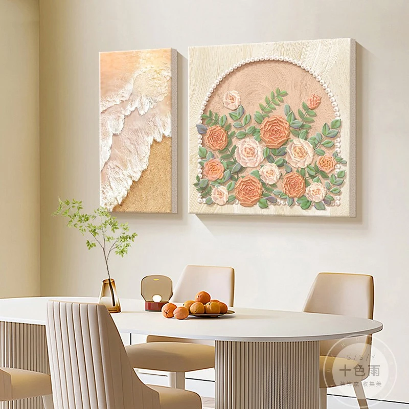 奶油风餐厅装饰画高级感卧室床头壁画肌理玫瑰饭厅餐桌挂画两联