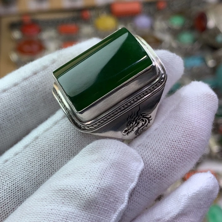 和田玉（碧玉）足银镶嵌戒指