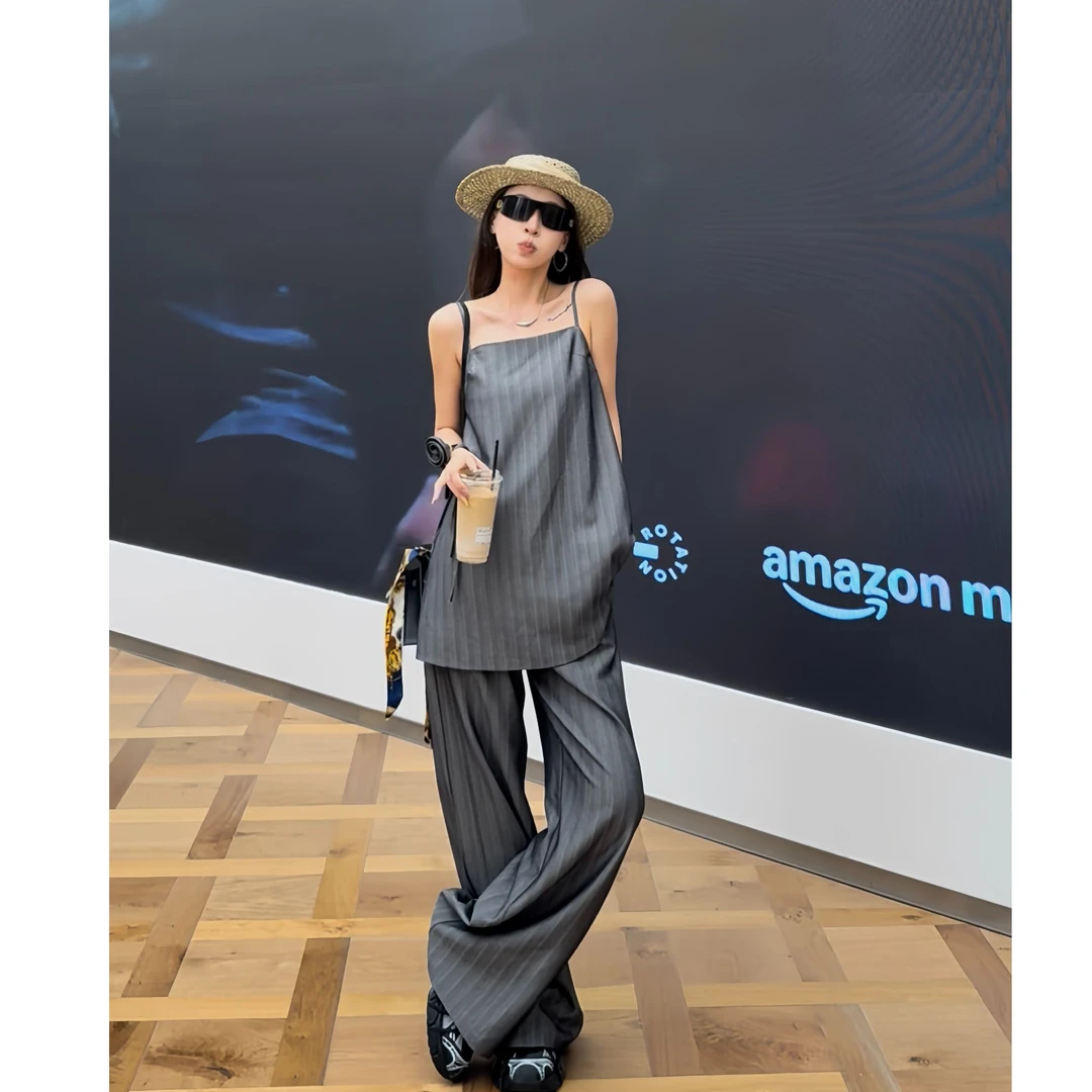 设计感小众薄款时尚套装女夏季高级感吊带阔腿裤子显瘦韩版两件套