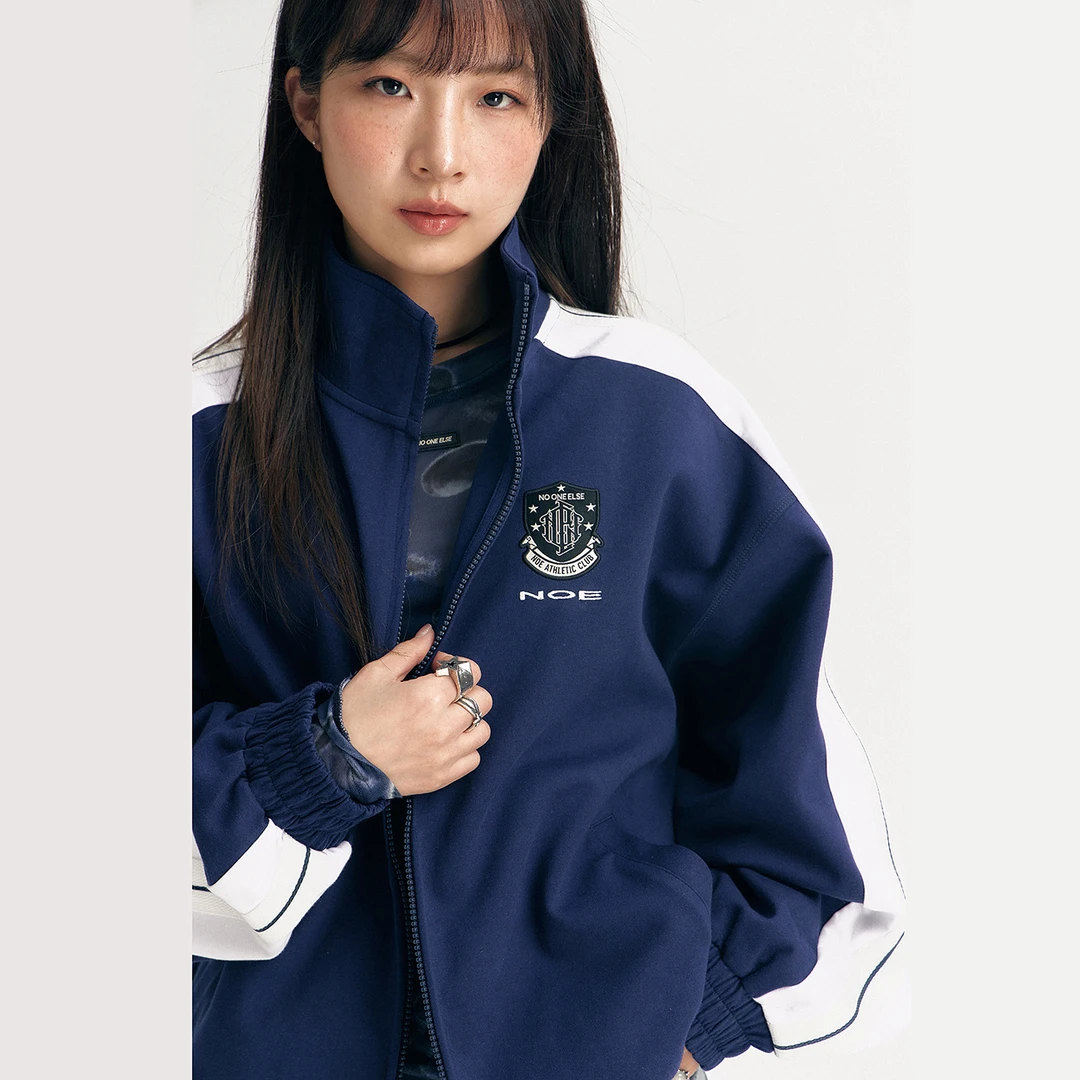 NO ONE ELSE美式复古女装夏季学院风条纹长袖夹克字母绣花外套