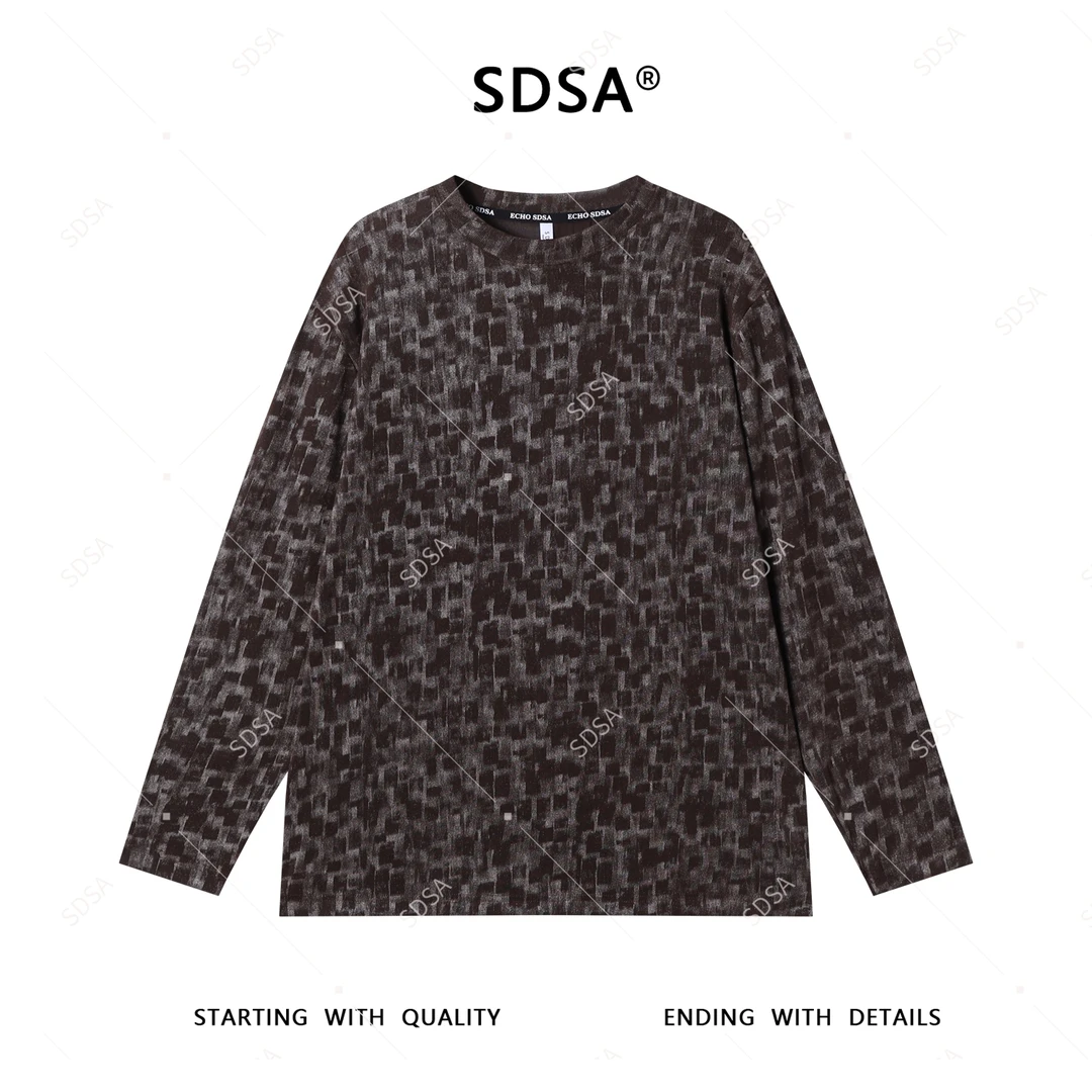 SDSA夏季新款男士痞帅韩版简约洒金撞色不规则格子圆领长袖T恤