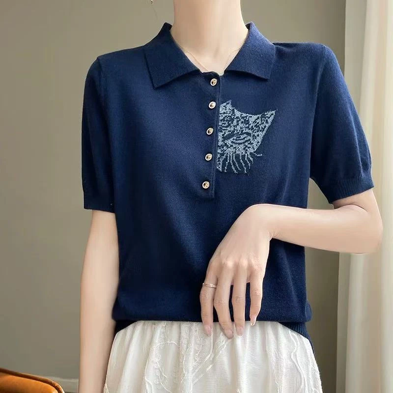 （静静家）玉姐家精灵提花气质超薄polo领上衣 新选f1145 J03882