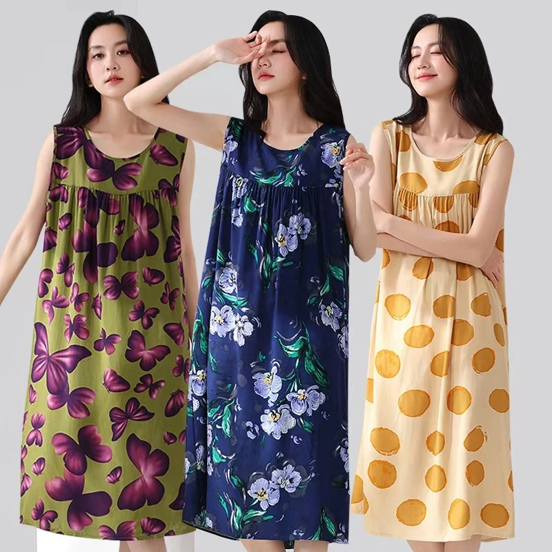 夏季无袖背心裙2025年新款夏天棉绸连衣裙大码睡裙休闲家居服女装