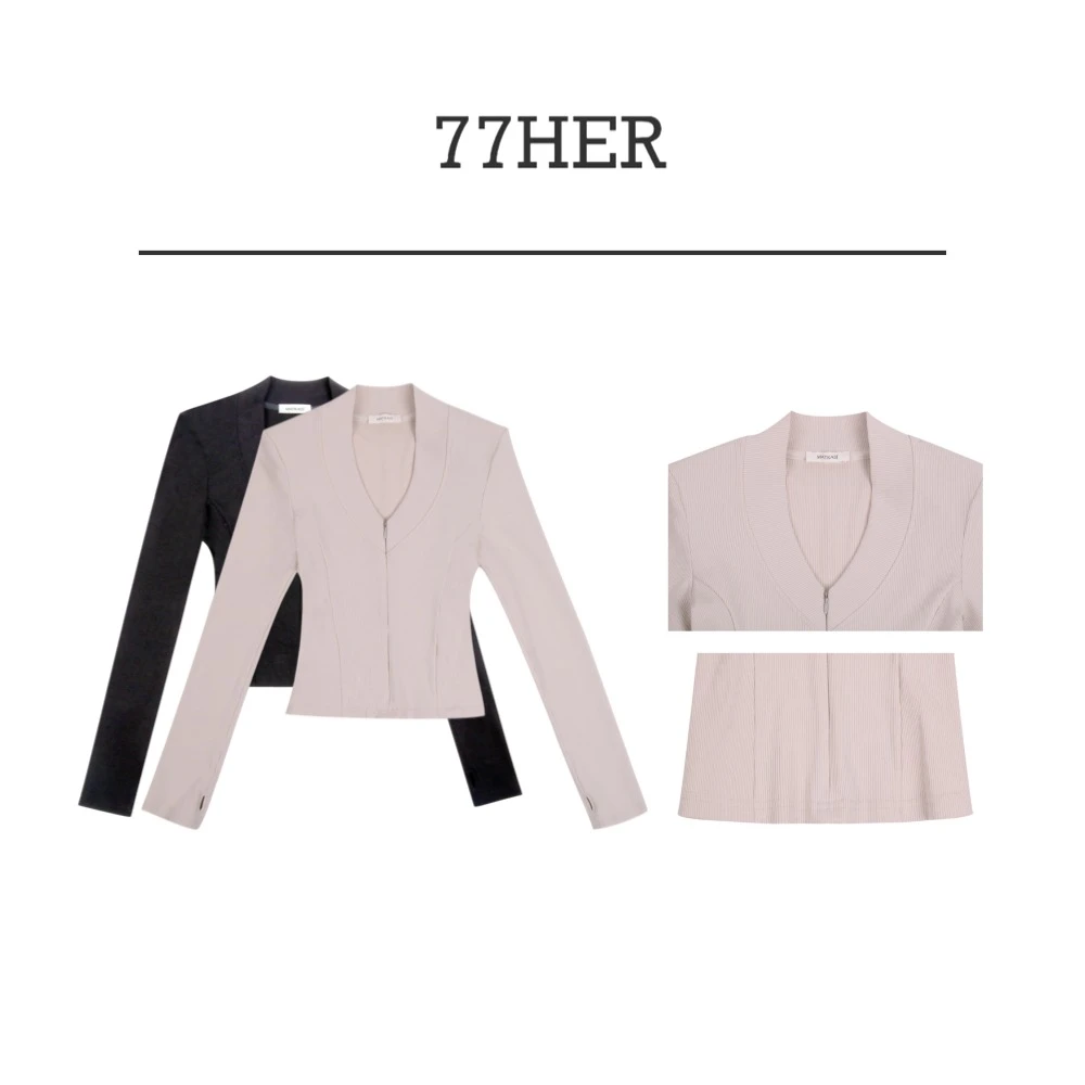 77her 设计感小众休闲时尚简约日常百搭V领拉链坑条上衣