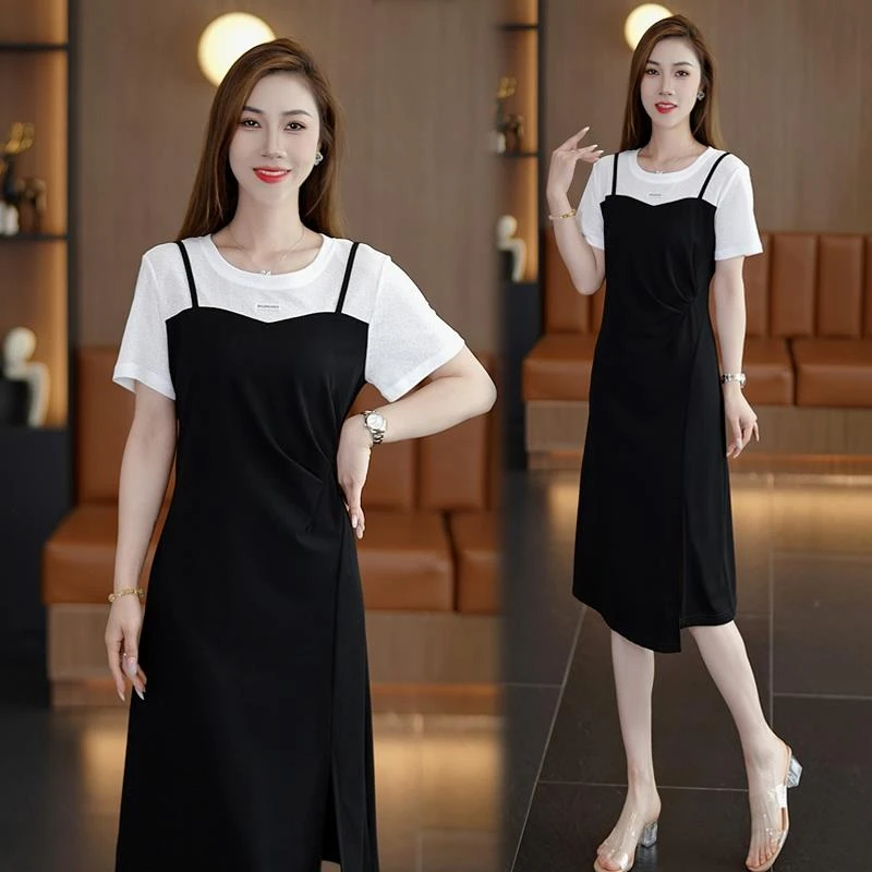 假两件吊带连衣裙女2025夏季新款法式洋气质减龄收腰显瘦中长裙子