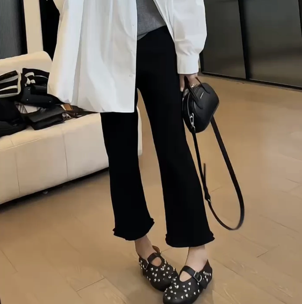 萱贝纯高腰显瘦微喇休闲裤女2025秋冬薄款宽松时尚花边九分喇叭裤