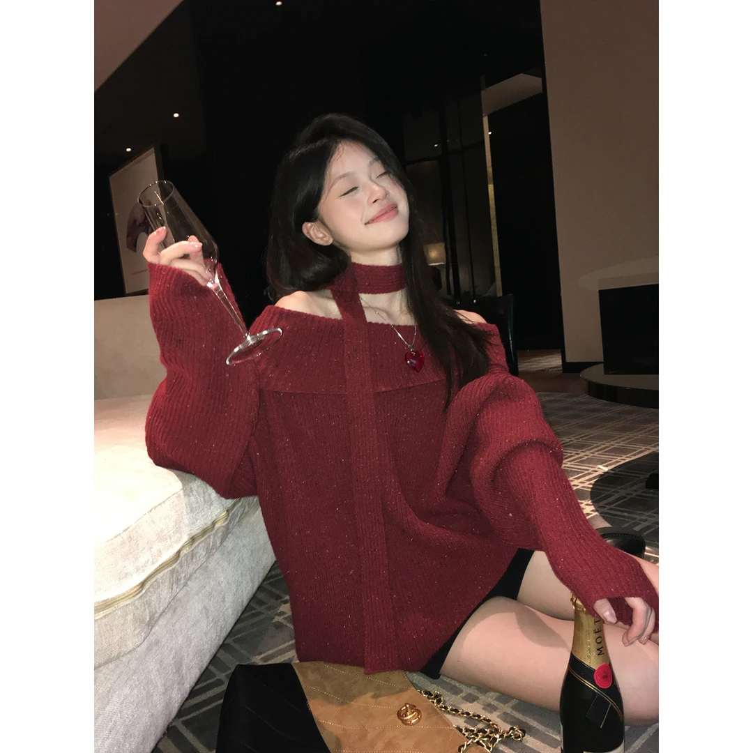 宋正恩11/18 10:00AM【气质红色一字肩斜肩两穿毛衣配围脖】ST2586