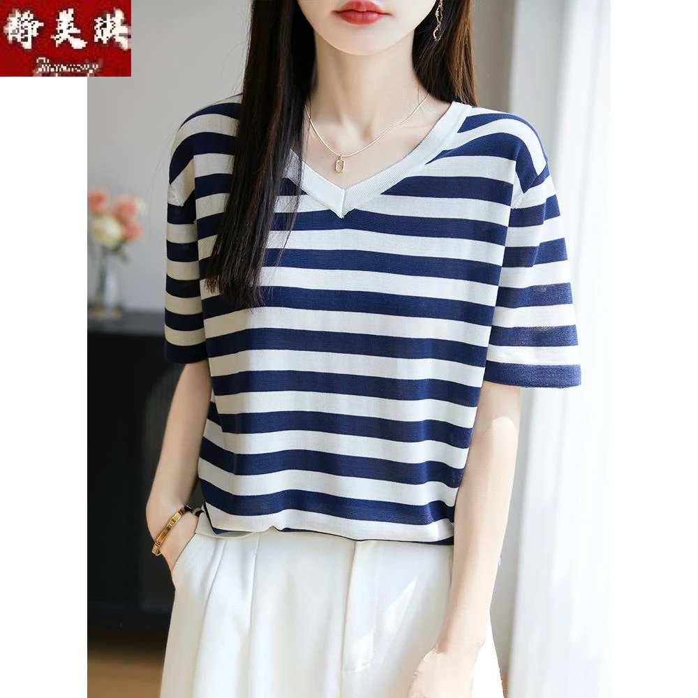 率性休闲条纹拼色短袖上衣女夏清凉薄款天丝莱赛尔针织T恤衫半袖