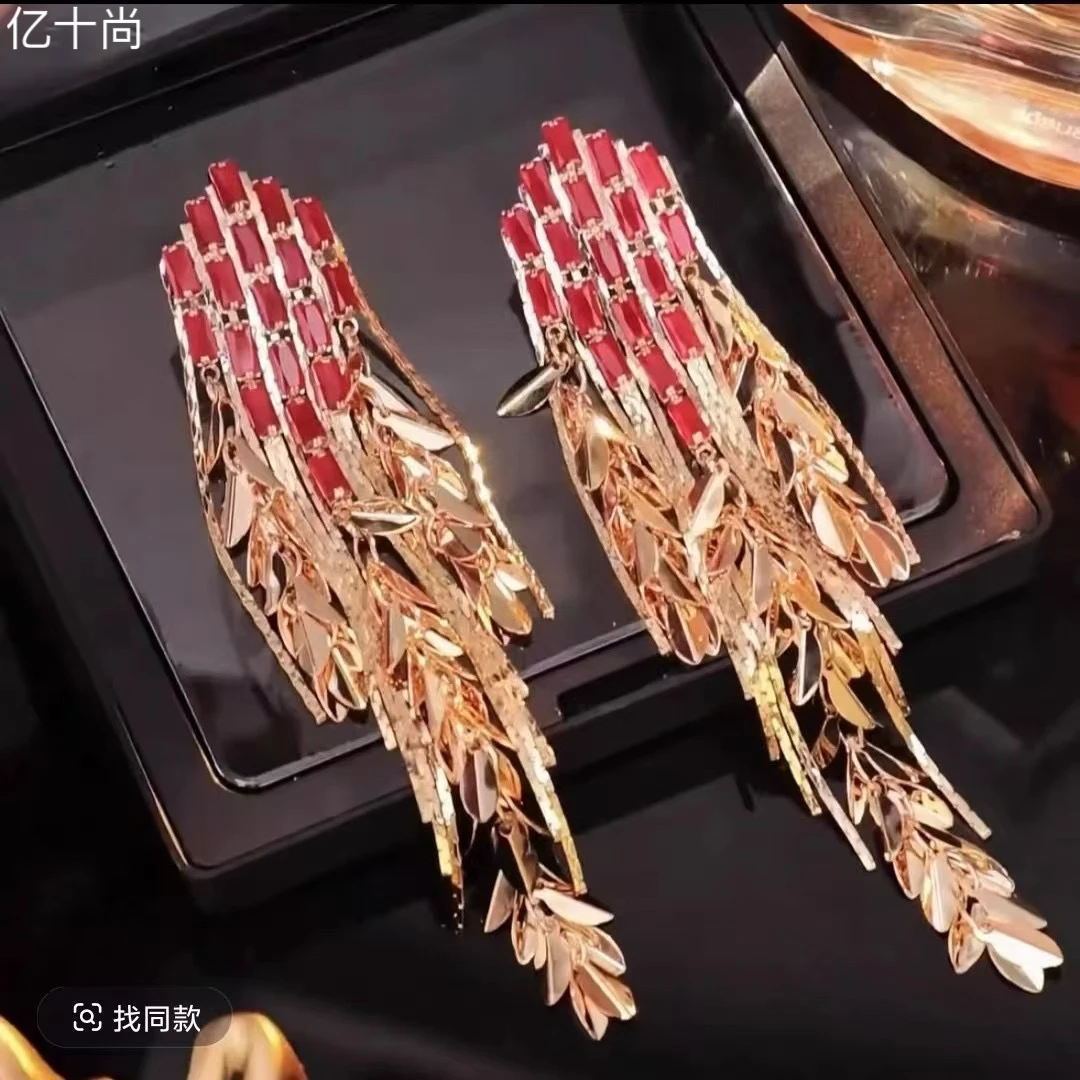 合金合成锆石耳饰 红长方树叶流苏耳环轻奢时尚洋气仙美HJ100226