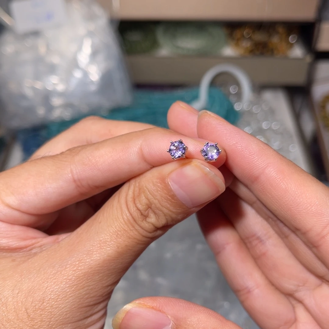 水晶耳钉银S925镶嵌紫水晶002