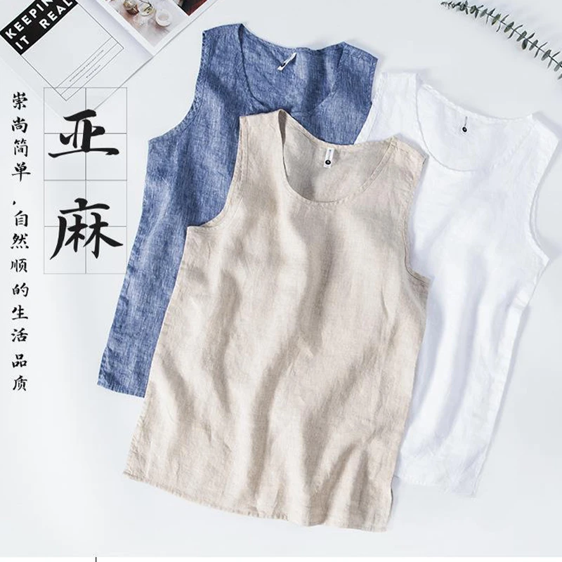 纯亚麻男士背心夏季高端宽松男夏装运动无袖冰丝T恤透气薄舒适