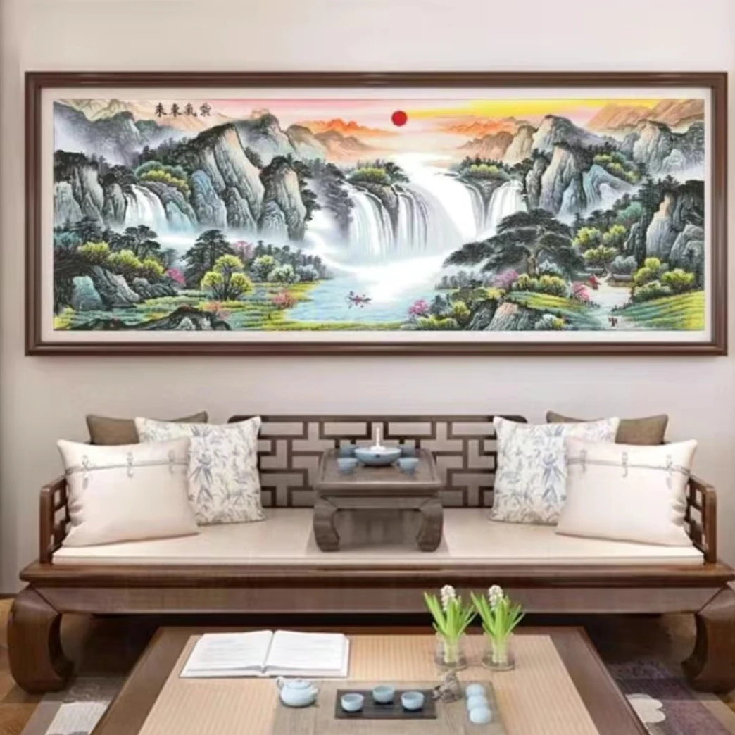 纯手工十字绣成品新款客厅办公室风景山水画挂画背景墙175*70cm