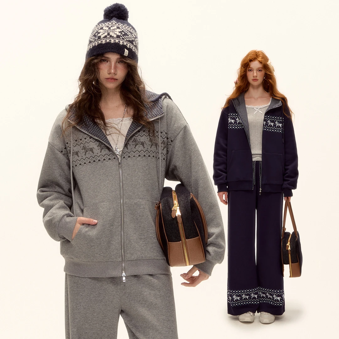 AsGony 费尔岛印花连帽夹棉格纹卫衣外套长裤套装