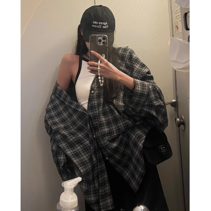 Two Million/复古当道灰色格子衬衫女慵懒宽松休闲防晒小个子上衣