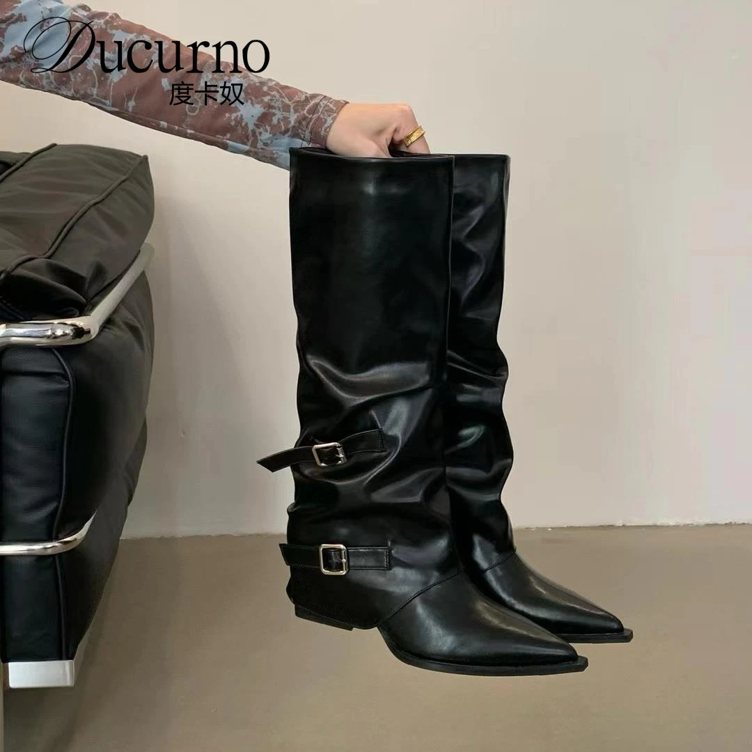 DUCURNO皮带扣裤管靴粗跟靴子长筒靴女欧美辣妹骑士靴尖头堆堆靴