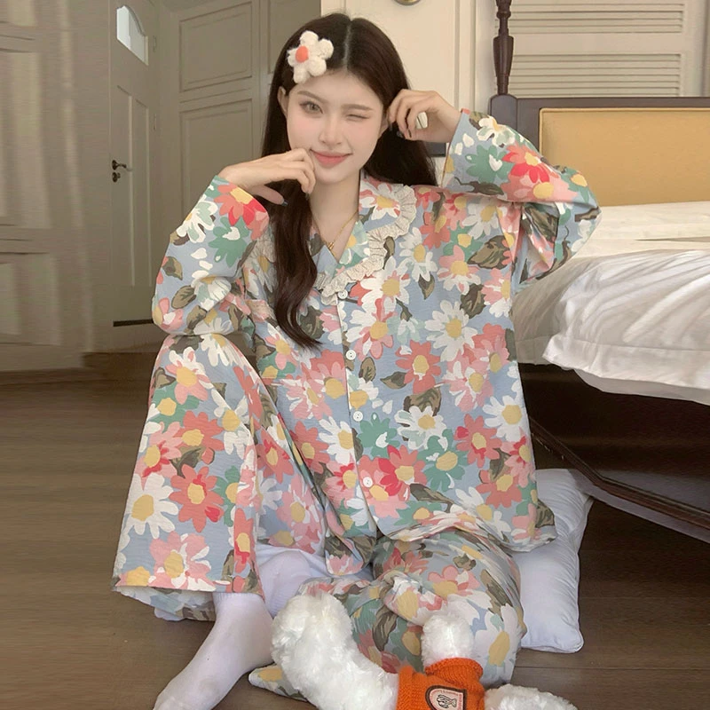 【Lucky优选】睡衣女春秋季薄款云朵棉长袖甜美花边家居服两件套装