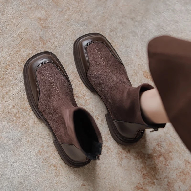 2025新款靴子女款棕色切尔西靴秋冬加绒瘦瘦马丁靴女款短靴短靴女