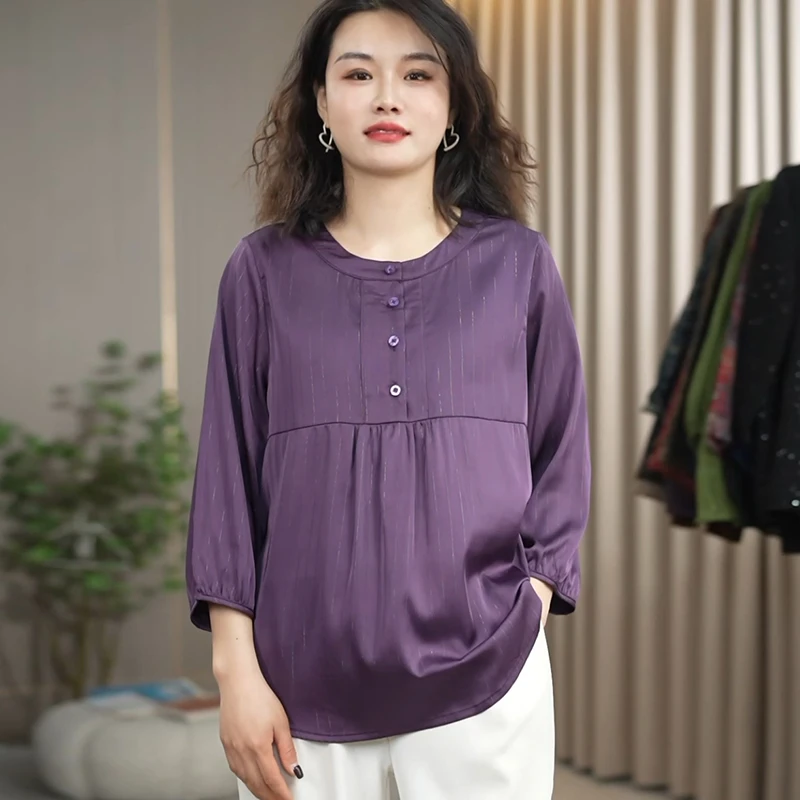 火袖F719富贵气质大码显瘦妈妈装洋气减龄圆领百搭上衣加大加宽