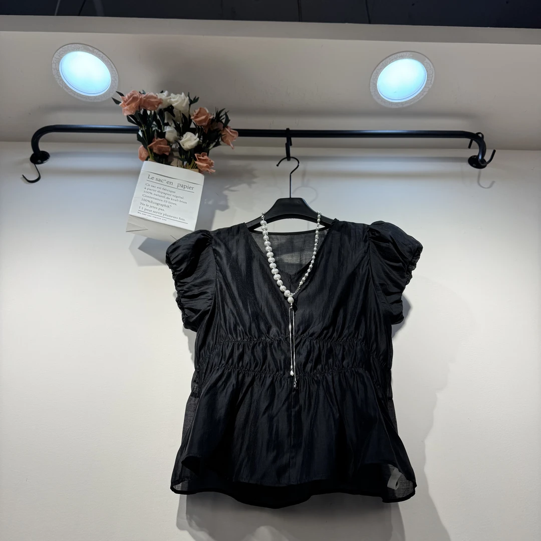 【丽正】2025年夏季新款时尚收腰减龄显瘦鸡心领百搭上衣