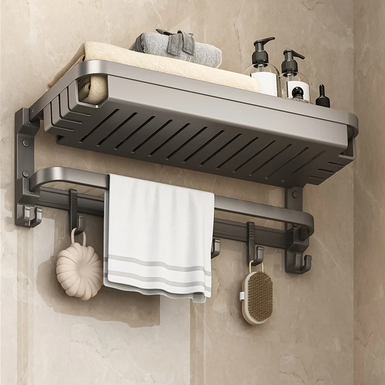 枪灰太空铝毛巾架免打孔卫生间浴室置物架壁挂式洗手间厕所浴巾架